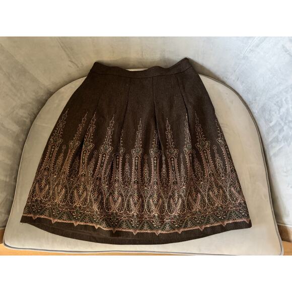 Ann Taylor LOFT Skirt Brown Midi Embroidered A-line Wool Blend Box Pleats Sz 14 - Picture 4 of 9
